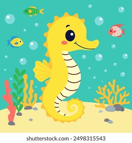 Childrens cute animals. Pretty seahorse, fish, algae. Flat character for children. Vector illustration