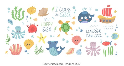 Childrens cute background. Childrens cute animal set. Sea life elements set. Wild marine animals big collection in flat vector style. 
