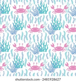 Childrens cute background. Childrens cute animals. Funny crab and seaweeds seamless pattern. Underwater life vector illustration