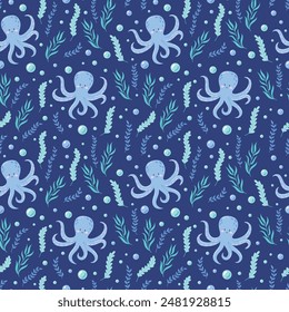 Childrens cute background. Childrens cute animals. Funny octopus and seaweeds seamless pattern. Underwater life vector illustration