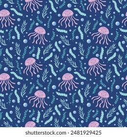 Childrens cute background. Childrens cute animals. Funny jellyfish and seaweeds seamless pattern. Underwater life vector illustration