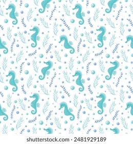 Childrens cute background. Childrens cute animals. Sleepy seahorse and seaweeds seamless pattern. Underwater life vector illustration