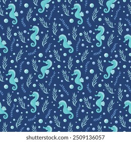 Childrens cute background. Childrens cute animals. Sleepy seahorse and seaweeds seamless pattern on dark blue background. Underwater life vector illustration