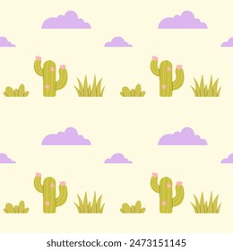 Childrens cute background. Cacti and clouds seamless pattern