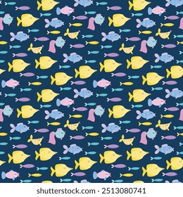 Childrens cute background. Fishes seamless pattern on dark blue background. Colorful undersea life vector illustration