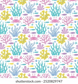 Childrens cute background. Funny crab, colorful fishes, seaweeds and various coral reefs seamless pattern. Bright undersea life vector illustration