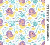 Childrens cute background. Little mermaid and various fishes seamless pattern. Underwater life vector illustration