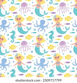 Childrens cute background. Little mermaid with jellyfishes, octopuses, sea horses and various fishes seamless pattern. Underwater life vector illustration