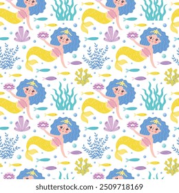 Childrens cute background. Little mermaid with a pearl in seashell and various seaweeds and corals seamless pattern. Underwater life vector illustration