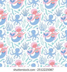 Childrens cute background. Little mermaid and octopuses seamless pattern. Underwater life vector illustration