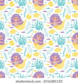 Childrens cute background. Little mermaid and various fishes seamless pattern. Underwater life vector illustration