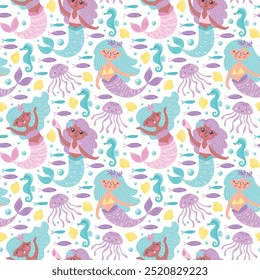 Childrens cute background. Little mermaid, seahorse, jellyfish and various fishes seamless pattern. Underwater life vector illustration