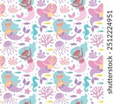 Childrens cute background. Little mermaids, jellyfishes, sea horses and various seaweeds and corals seamless pattern. Underwater life vector illustration