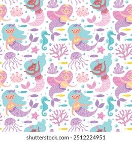 Childrens cute background. Little mermaids, jellyfishes, sea horses and various seaweeds and corals seamless pattern. Underwater life vector illustration