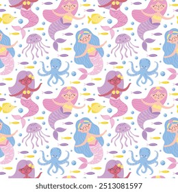 Childrens cute background. Little mermaids, jellyfishes, octopuses and various fishes seamless pattern. Underwater life vector illustration