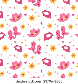 Childrens cute background, childrens cute pattern. Seamless pattern with cowgirl boots, hat, cowboy boots. Wild West fashion style vector for invitations, wrapping paper, packaging 