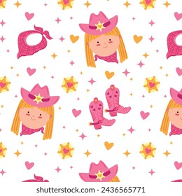 Childrens cute background,  childrens cute pattern. Seamless pattern with cowgirl. Wild West fashion style vector for invitation, wrapping paper.