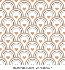 Children's cute background with a rainbow. Scallop pattern. Good for greeting cards, banners, textiles, gifts, baby clothes. Vector illustration.