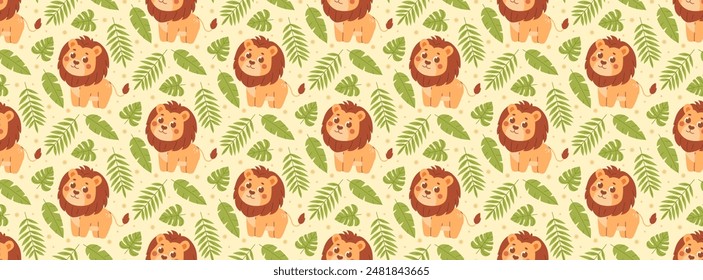 Childrens cute background. Safari animal repeating pattern. Lion ornament.