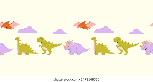 Childrens cute background. Seamless horizontal pattern with dinosaurs on a light background