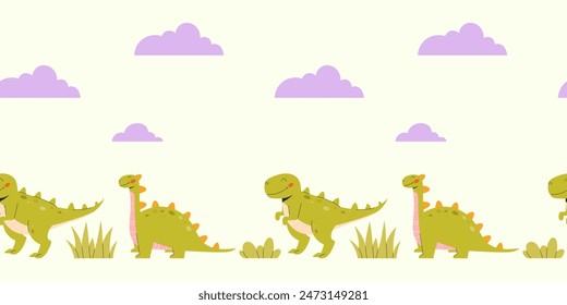 Childrens cute background. Seamless horizontal pattern with dinosaurs