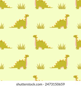  Childrens cute background. Seamless pattern with dinosaurs on a green background