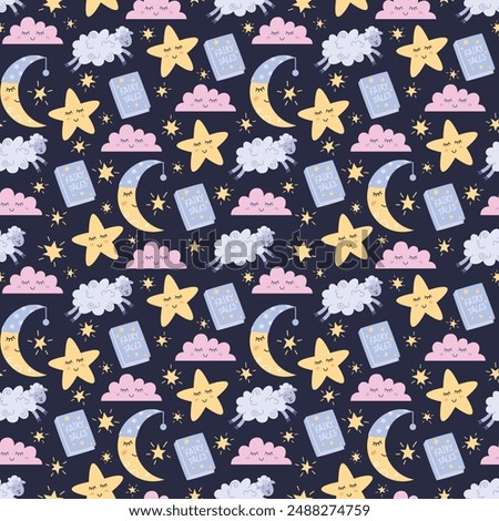 Childrens cute background. Sleepy moon and stars, cute lamb and fairy tales book on a dark blue background. Vector seamless pattern