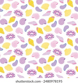 Childrens cute background. Various sea shells seamless pattern. Colorful marine shells vector illustration