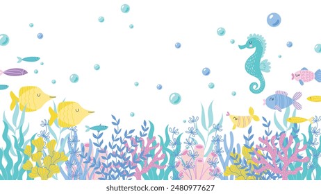 Childrens cute background. Wavy seaweeds, coral reefs, various fishes, seahorse and water bubbles. Horizontal undersea landscape. Sea life vector illustration