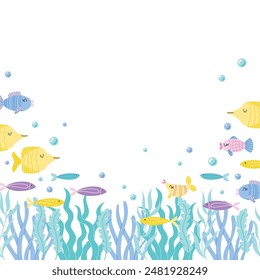 Childrens cute background. Wavy seaweeds, various fishes and water bubbles. Square template. Sea life vector illustration