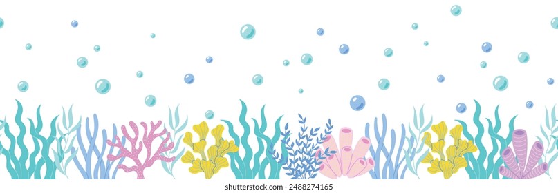 Childrens cute background. Wavy seaweeds coral reefs and water bubbles. Horizontal undersea landscape. Sea and ocean flora vector illustration