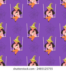 childrens cute background. Cute witch with black cat. Witchcraft and magic seamless pattern