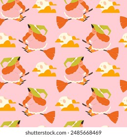 childrens cute background. Cute witch on broom seamless pattern