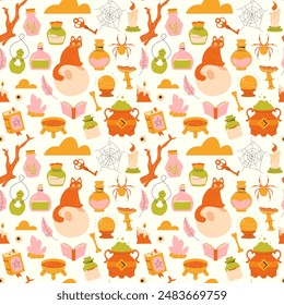 childrens cute background. Witchcraft and magic seamless pattern on a light background