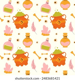 childrens cute background. Witchcraft and magic seamless pattern on a light background