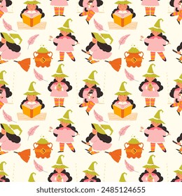 childrens cute background. Cute witches seamless pattern on a light background