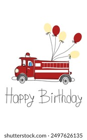 Childrens cute birhday card with fire engine, bubbles. Template for invitation 