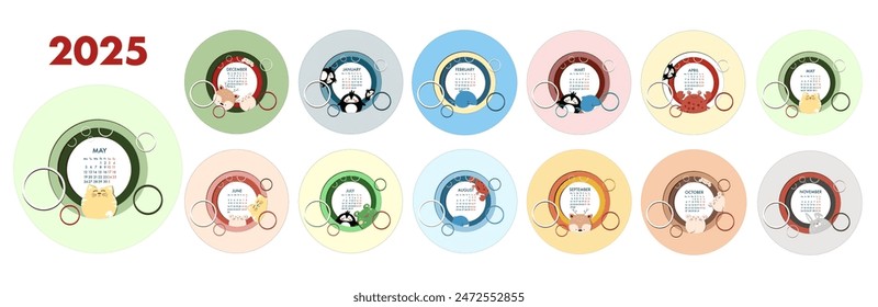 Childrens cute calendar with funny animals for 2025 year in paper style for early planning
