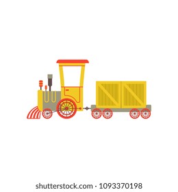 Childrens cute cartoon yellow toy cargo train, railroad toy with locomotive vector Illustration on a white background