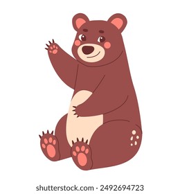 Childrens cute character. Funny bear waves hand. Forest animal.