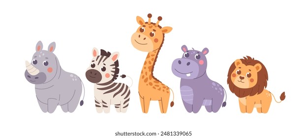 Childrens cute character. Safari animals set. Lion. Giraffe. Rhinoceros. Hippopotamus. Zebra