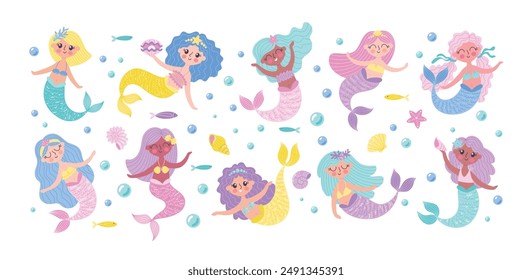 Childrens cute characters. Sea mermaids set. Vector illustration of fairy tale characters