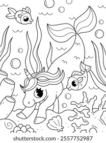 Children's cute coloring book with unicorn mermaid. Coloring page with cute horse character. Vector illustration.