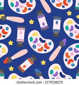 Children's Cute Colourful Art Supplies Pattern. School Artists Stationery Background. Painting Accessories, Paints, Brush. Back To School. For Wallpapers, Textile, Fabric, Web Banner, Wrapping Paper.