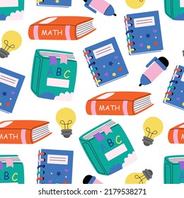 Children's cute colourful stationery pattern. School supplies background. Books, notebook with stickers, pen, primer, lamp. Back to school. For wallpapers, textile, fabric, web banner, wrapping paper.