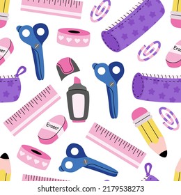 Children's cute colourful stationery pattern. School supplies background. Marker, pencils case, scissors, eraser, ruler. Back to school. For wallpapers, textile, fabric, web banner, wrapping paper.