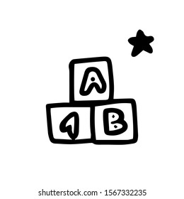 Еhree children's cute cubes with letters a,b, the number one and asterisk.Simple children's constructor for education.Doodle hand drawn style.Sign black line isolated on white.Vector cute illustration