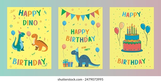 childrens cute dinosaur greeting card . Birthday cake, with balloons