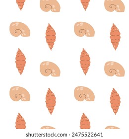 Childrens cute fashion pattern. Childish sea shell seamless background. Marine life elements pattern. Nursery design. Pastel colors. Clams background, seashells, seaweed print. Seashore beach elements