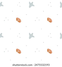 Childrens cute fashion pattern. Childish sea shell seamless background. Marine life elements pattern. Nursery design. Pastel colors. Clams background, seashells, seaweed print. Seashore beach elements